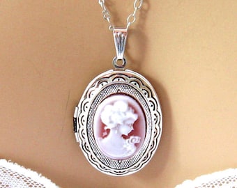 Victorian Cameo Locket Necklace: Victorian Woman Burgundy Red Cameo Necklace, Small Silver Locket Necklace, Cameo Locket Victorian Jewelry