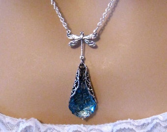 Victorian Dragonfly Necklace: Victorian Swarovski Aqua Blue Crystal Necklace, Bridal Jewelry, Blue Crystal Wedding Jewelry, Bridesmaids Gift