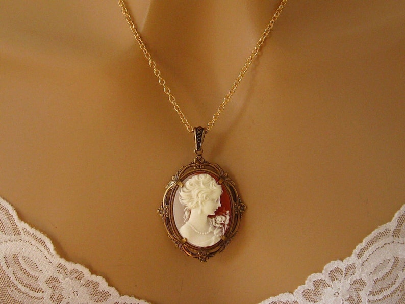 Peach Cameo: Victorian Woman Peach Cameo Necklace, Antiqued Gold, Vintage Inspired Romantic Victorian Jewelry, Romantic Gift for Her image 1