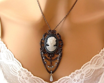 Cameo Necklace, Victorian Lady Cameo Jewelry, Romantic Gothic Wedding Necklace