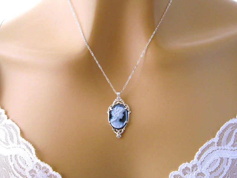 Real Cameo: Victorian Woman Blue Cameo Necklace, Sterling Silver, Vintage Inspired Romantic Victorian Jewelry, Romantic Gift for Her image 2