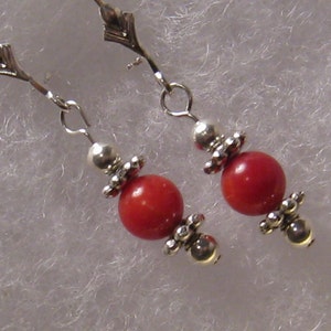 Dainty Red Coral Dangle earrings Round Red Coral Bead Drop Tiny Red Dangle 5 mm Round bead Plated Silver or Gold Ear Wire Stone Earrings
