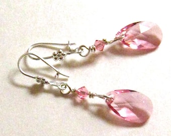 Pink Crystal Earrings: Long Swarovski Pink Crystal Earrings - Pink Crystal Bridesmaids Gift, Bridal Wedding Jewelry