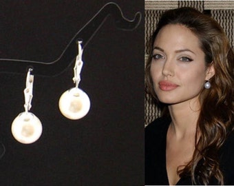 Drop Pearl Earrings, Silver 10 mm White Pearl Drop Earrings, Sweet 16, Large Pearl Earrings, Angelina Jolie Wedding Jewelry, Bridesmaid Gift