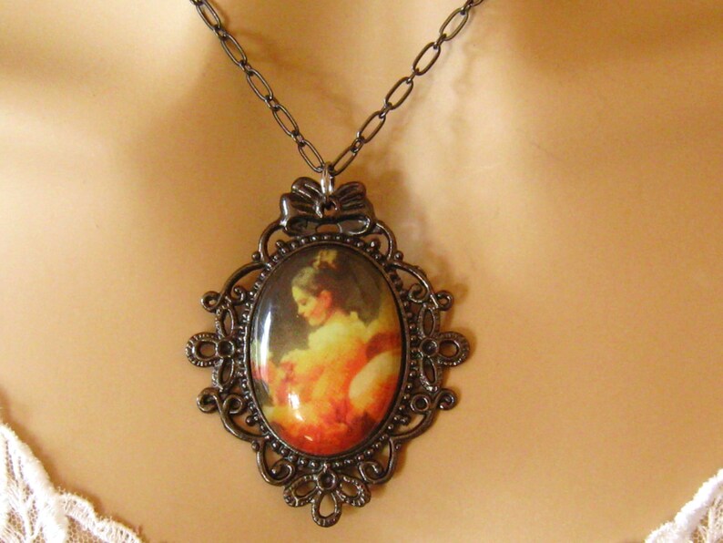 Gunmetal Plated Vintage Inspired Romantic Victorian Jewelry Fancy Peach Cameo: Victorian Woman Peach Cameo Necklace Peach Cameo Necklace