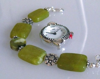 Green Beaded Women's Watch Band: Olive Green Jade Heart Bead - Stone Beaded Watch Band - Interchangeable, Medical ID Bracelet Watch Band