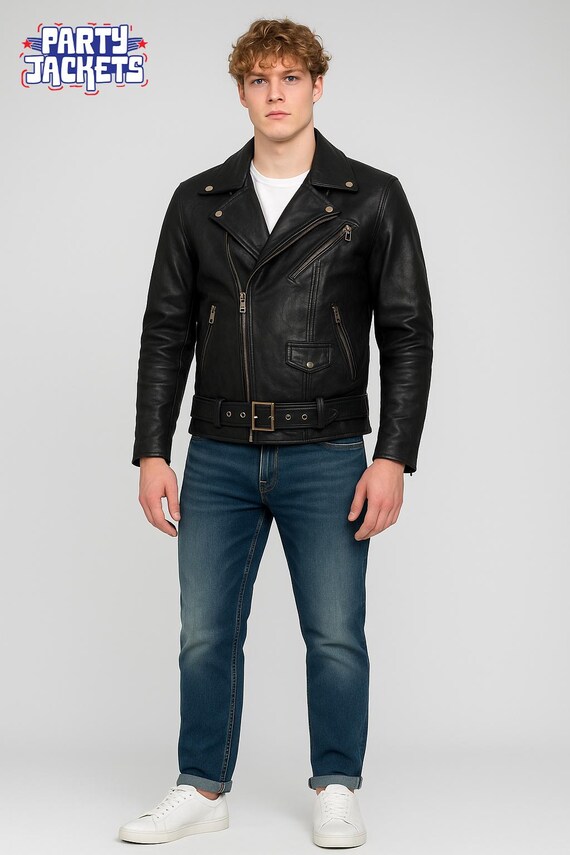 Handmade Men's Classic Motorcycle Black Leather Jacket