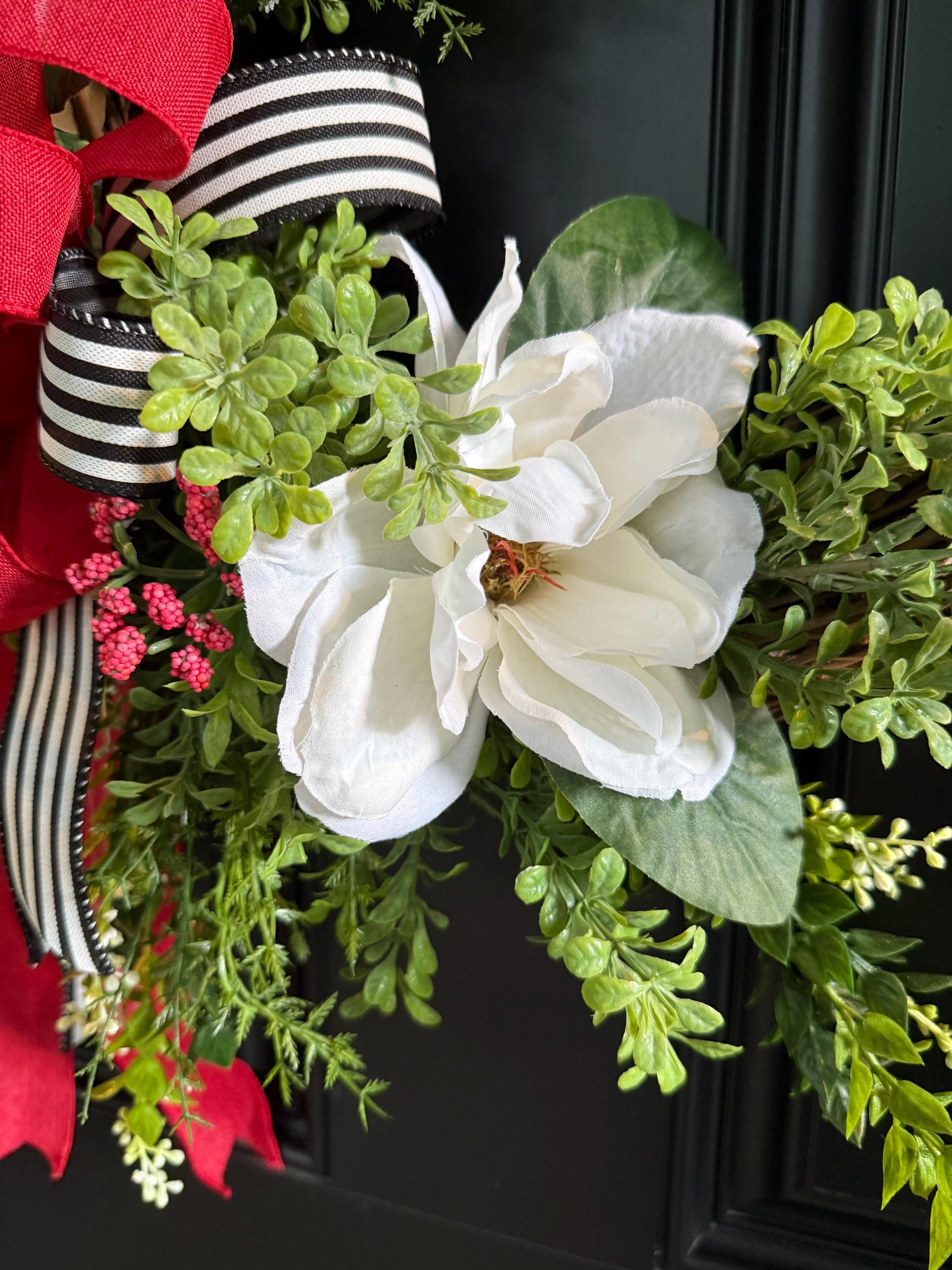 Magnolia Grapevine Wreath With Red and Black Bow, Elegant Southern Door ...