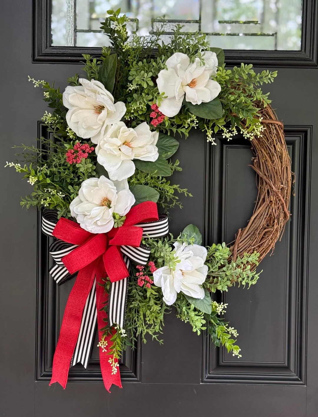 Magnolia Grapevine Wreath With Red and Black Bow, Elegant Southern Door ...