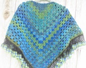 Romantic wrap Vintage inspired granny square crochet shawl tartan scottish plaid trim variegated colors blue green teal turquoise black