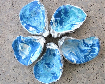 statement oyster modern abstract beach gift blue ocean blue white and silver marble Blue wave oyster shell ring dish BOHO jewelry dish
