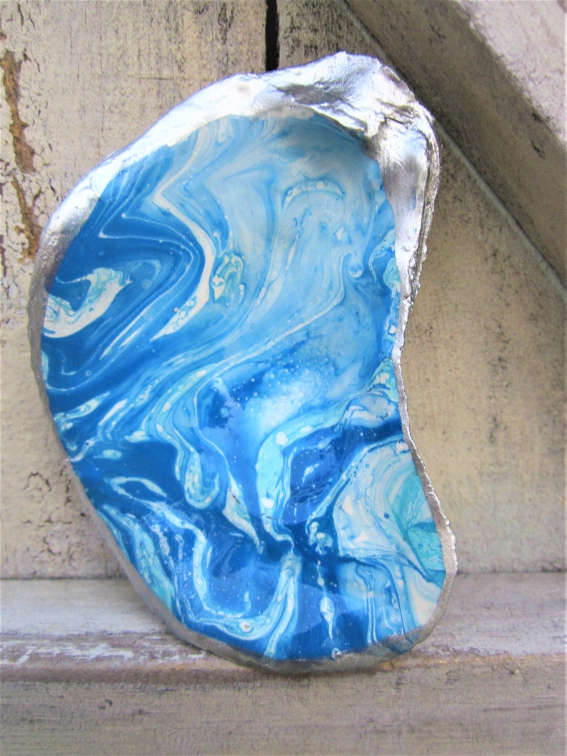 statement oyster modern abstract beach gift blue ocean blue white and silver marble Blue wave oyster shell ring dish BOHO jewelry dish