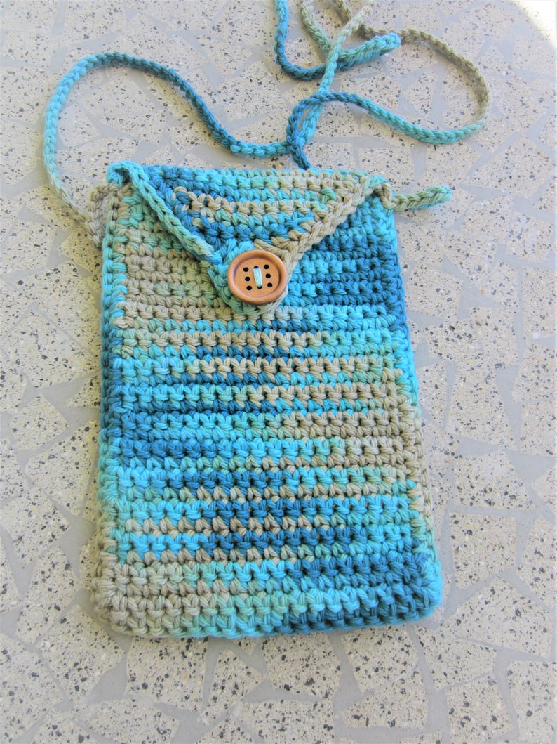 Handmade Malibu beach,teal blue green,tan smart phone holder,cell phone pouch,cross body pouch,rustic,multicolor crochet festival purse