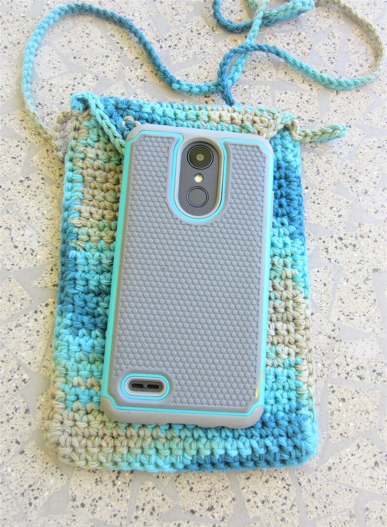 Handmade Malibu beach,teal blue green,tan smart phone holder,cell phone pouch,cross body pouch,rustic,multicolor crochet festival purse