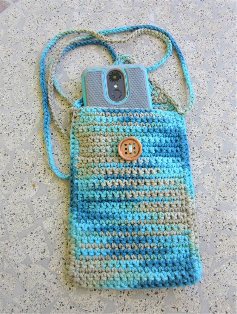 Handmade Malibu beach,teal blue green,tan smart phone holder,cell phone pouch,cross body pouch,rustic,multicolor crochet festival purse