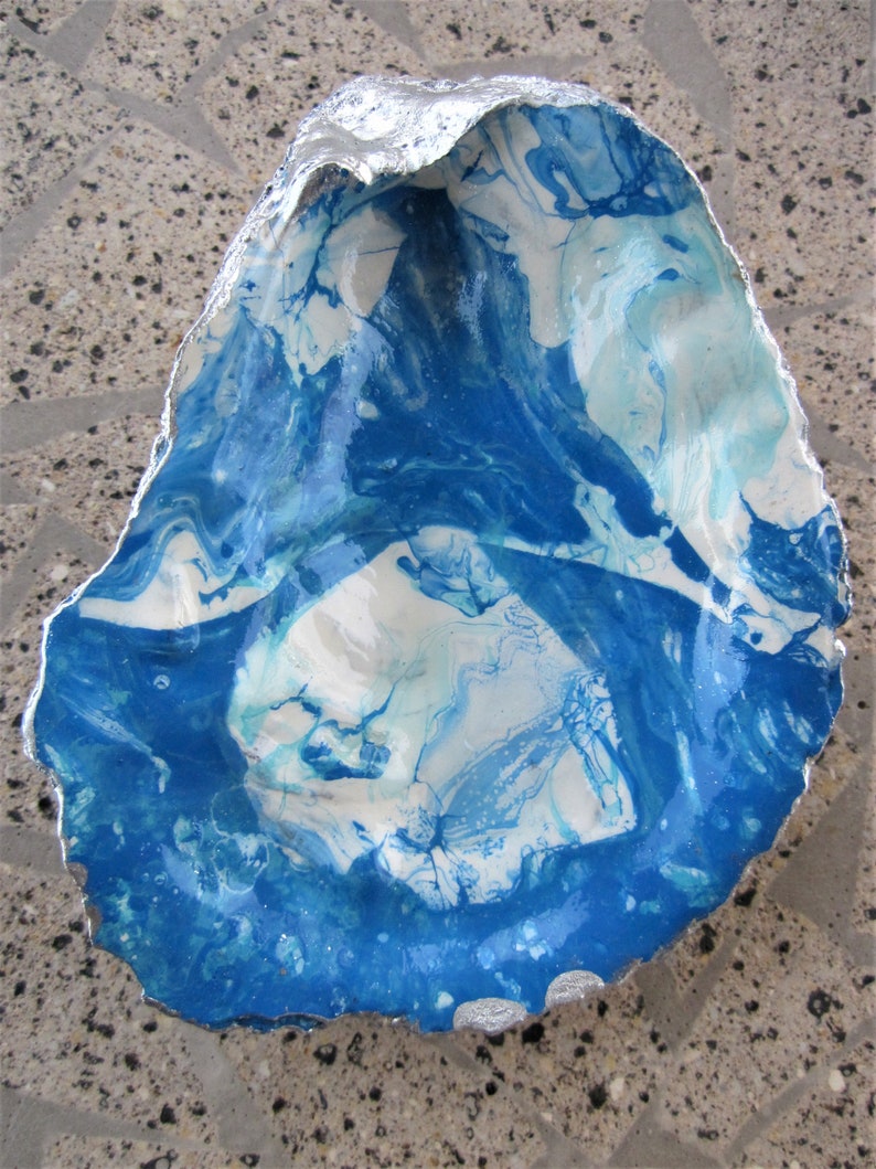 statement oyster modern abstract beach gift blue ocean blue white and silver marble Blue wave oyster shell ring dish BOHO jewelry dish