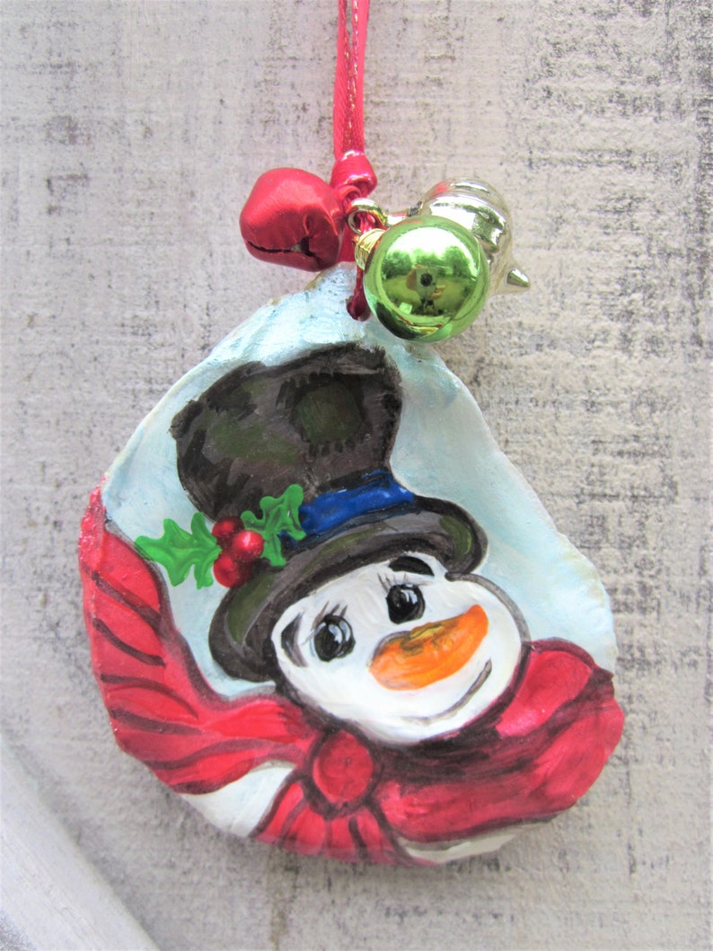 Hand painted Christmas ornament oyster shell snowman with ...