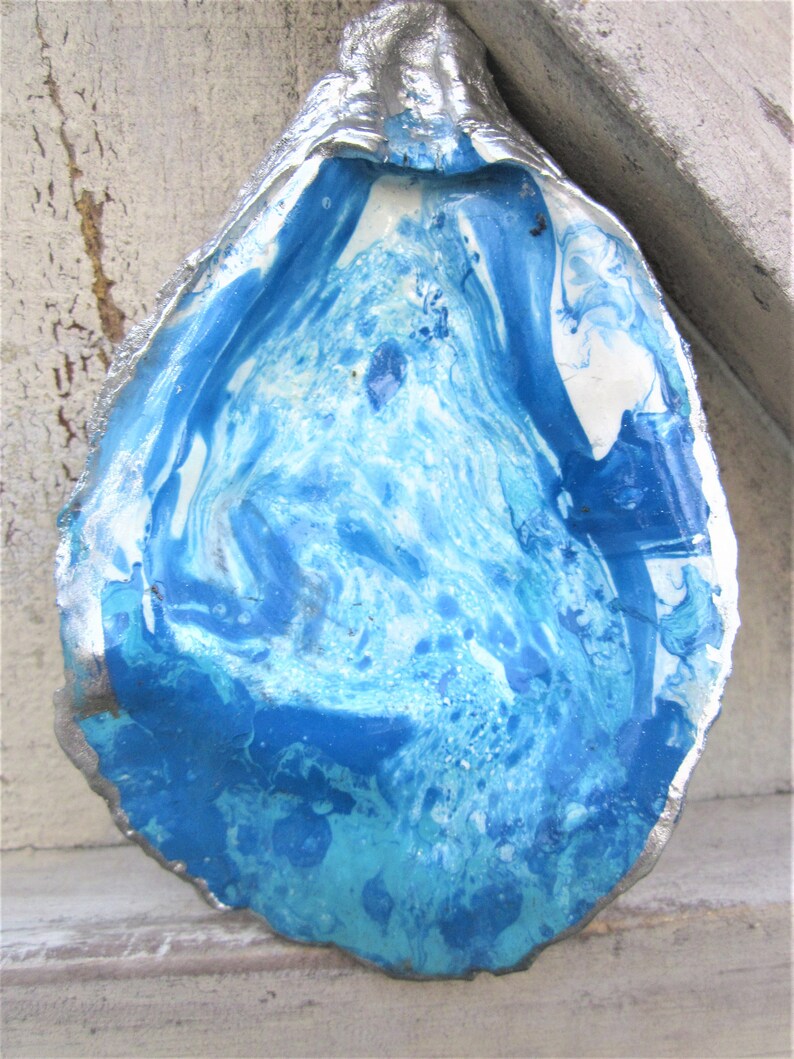 statement oyster modern abstract beach gift blue ocean blue white and silver marble Blue wave oyster shell ring dish BOHO jewelry dish