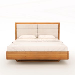 Solid wood bed, Handcrafted wooden bed, Bed with headboard, Bed with upholstered headboard
