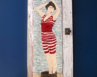 RESERVED for sslori Vintage Bathing Beauty Hand Hooked Rug Wall Art