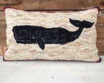 Hand Hooked Primitive Whale Pillow