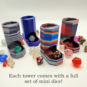 Mini torre de dados de 10 mm / Accesorio para juegos de rol de mesa impreso en 3D con PLA de seda (incluye juego)