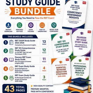 May include: An RBT Exam Study Guide bundle featuring five digital PDF documents. The materials include guides on competency assessment, RBT 101 techniques, Pearson key concepts, behavior reduction strategies, and professional conduct, totaling 43 pages.