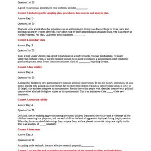 May include: A quiz sheet from a PSYC-300 course, featuring multiple-choice questions and answers. The text is in black, with correct answers highlighted in red. The questions cover topics like research plans and data analysis.