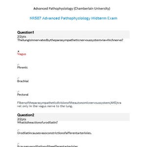 May include: A white document with the title "NR507 Midterm Exam Questions" and the subtitle "Advanced Pathophysiology". The exam questions are visible, including multiple-choice options. The text includes medical terminology.
