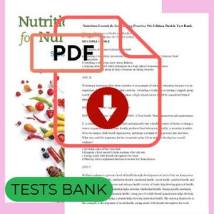 May include: A PDF document titled "Nutrition for Nurses" with a red arrow and the words "TESTS BANK" in a green rectangle. The document is surrounded by images of fruits and vegetables.