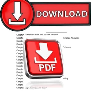 Op de afbeelding: Een rood-witte downloadknop met de tekst DOWNLOAD, geplaatst boven een rood vierkant icoon met een witte pijl en de tekst PDF, tegen een achtergrond van een documentenlijst met hoofdstuktitels zoals Energy Analysis.