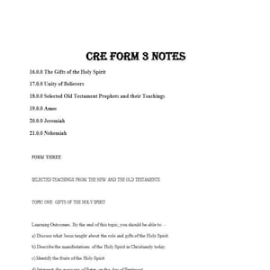 May include: A white page with the title "CRE FORM 3 NOTES" in bold black text. The page lists topics such as "The Gifts of the Holy Spirit" and "Unity of Believers." Additional text includes learning outcomes and lesson details.