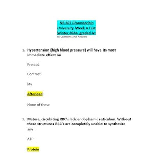 Op de afbeelding: Een wit vel papier met tekst van een test getiteld "NR 507 Chamberlain University Week 4 Test Winter 2024 .graded A+". De test bevat vragen over hypertensie en rode bloedcellen.
