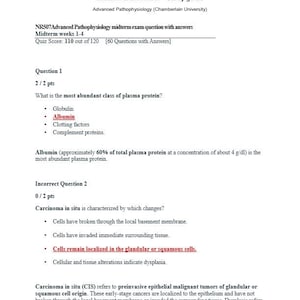 May include: A study guide for a midterm exam, titled "Midterm exam NR507 - Study guide." The document includes questions and answers related to advanced pathophysiology, with a quiz score of 110 out of 120. The text is black on a white background.