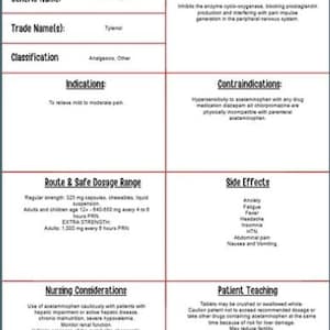 May include: A drug card with a blue header that reads "DRUG CARD" in red text. The card provides information on acetaminophen, including its generic and trade names, classification, indications, contraindications, dosage, side effects, and patient teaching.