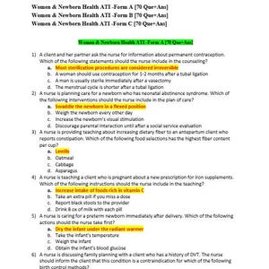 ATI Practice Women & Newborn Health ATI -Form A, Form B, and Form C 2019-2025