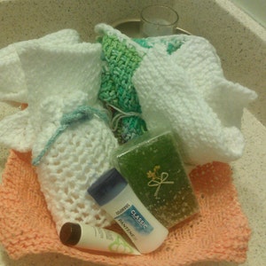 PDF Download for Easy Knit/Tunisian Crochet Pattern for Spa Cloths & Soap Bag with Photo Tutorials