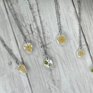 Tiny Vintage Pyrex Corelle Crazy Daisy or Butterfly Gold reclaimed dinnerware pendant Necklace