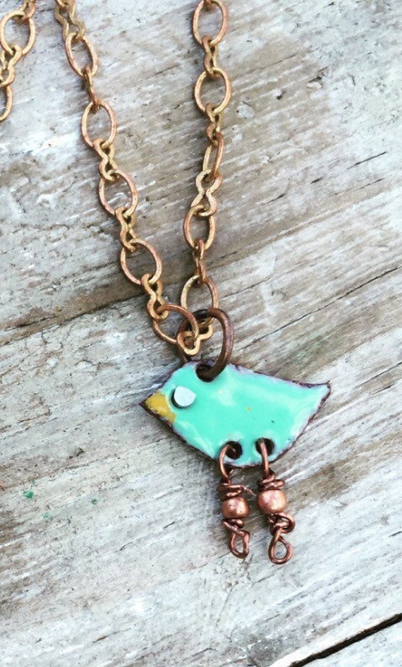 Kiln fired BLUE Enamel itty bitty birdie Necklace Etsy
