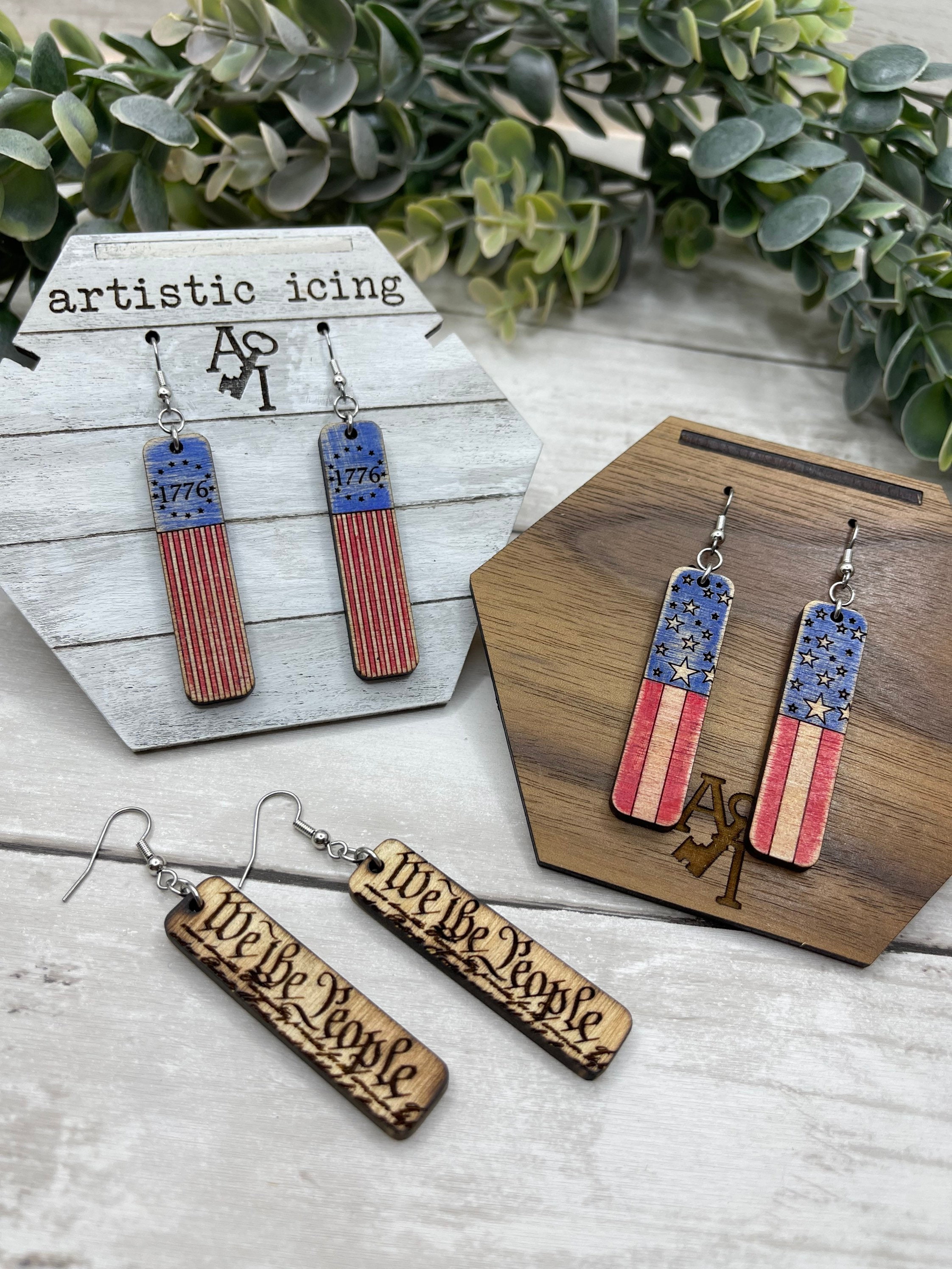 Hand painted Patriotic wood earrings your choice design 1776 Stars an…