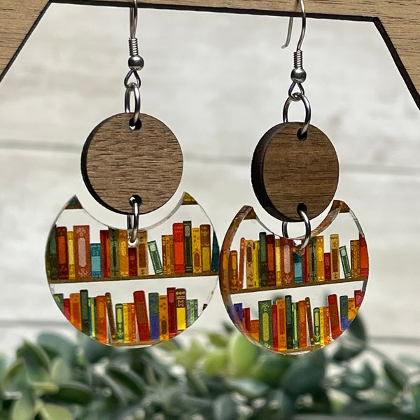 Book lover library books clear acrylic and walnut wood earrings your choice fish hook or lever back