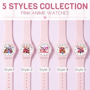 May include: Five light pink analog watches with silicone bands and white faces, each featuring unique anime-style character illustrations. The text 5 STYLES COLLECTION PINK ANIME WATCHES is displayed at the top, with labels Style 1 through Style 5.
