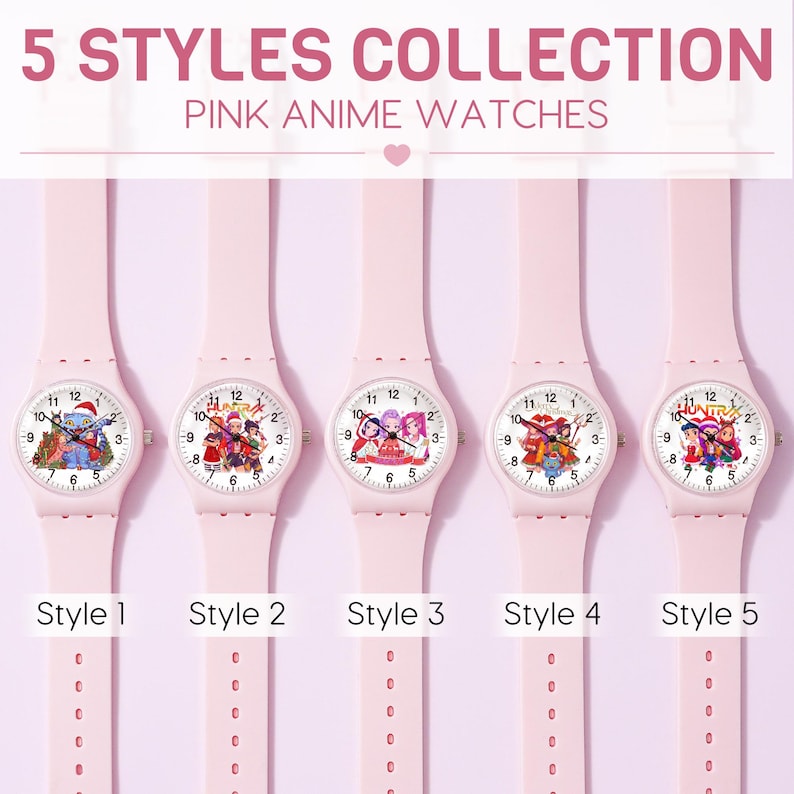 May include: Five light pink analog watches with silicone bands and white faces, each featuring unique anime-style character illustrations. The text 5 STYLES COLLECTION PINK ANIME WATCHES is displayed at the top, with labels Style 1 through Style 5.