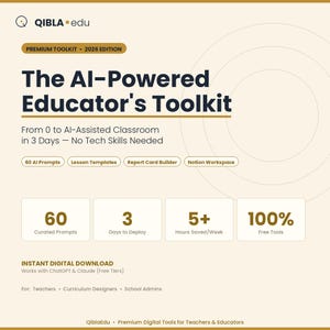 Op de afbeelding: Een digitale advertentie voor de AI-Powered Educator's Toolkit. De afbeelding toont de tekst "The AI-Powered Educator's Toolkit" en benadrukt functies zoals 60 AI-prompts, les templates en een rapportkaartbouwer. Directe digitale download.