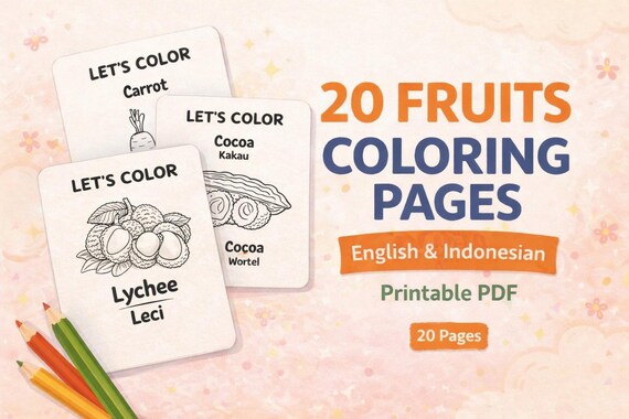Mini Fruit Coloring Book | 20 Fruits | English & Indonesian | Kids Printable PDF