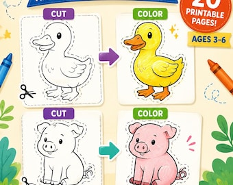 Cahier d'activités Animaux à découper et à colorier | Compétences ciseaux pour tout-petits imprimable (téléchargement numérique)