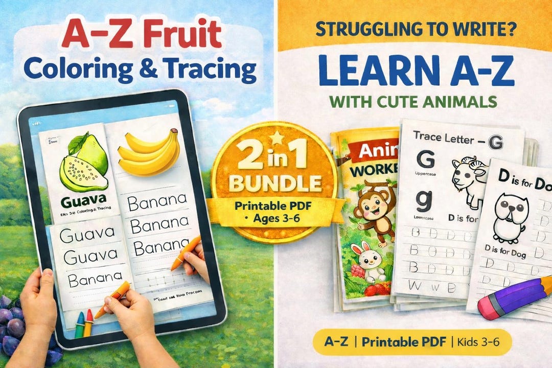 A-Z Alphabet Tracing & Coloring Bundle – Animals and Fruits Workbook ...