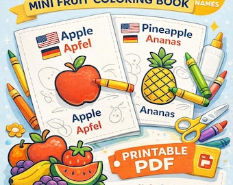 Mini livre de coloriage de fruits | Prénoms bilingues anglais allemand (téléchargement numérique)