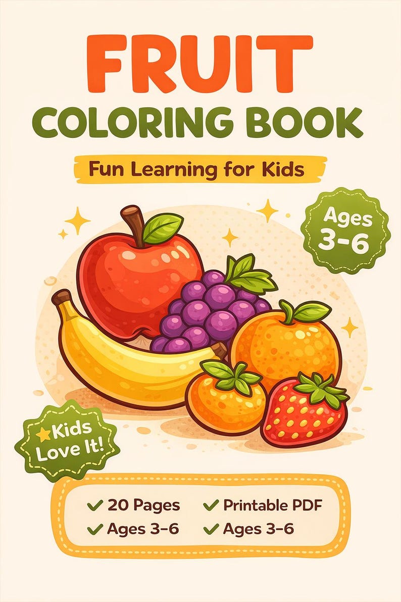 Peut inclure: Un livre de coloriage de fruits avec le texte Fun Learning for Kids, Ages 3-6, et Kids Love It! La couverture pr&eacute;sente des illustrations d'une pomme rouge, de raisins violets, d'une banane jaune, d'une orange et d'une fraise. 20 pages, PDF imprimable.