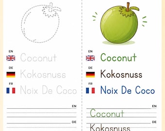 Livre de coloriage bilingue sur les fruits | Recherche de l'alphabet pour tout-petits et vocabulaire anglais-allemand-français